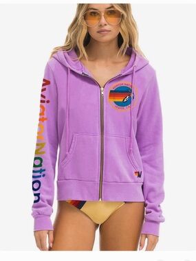 Aviator Nation Lavender Zip Hoodie with Rainbow Logo